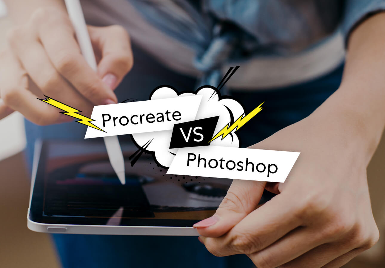 An image displaying “Procreate vs Photoshop” in an illustrated cloud surrounded by lightning bolts.