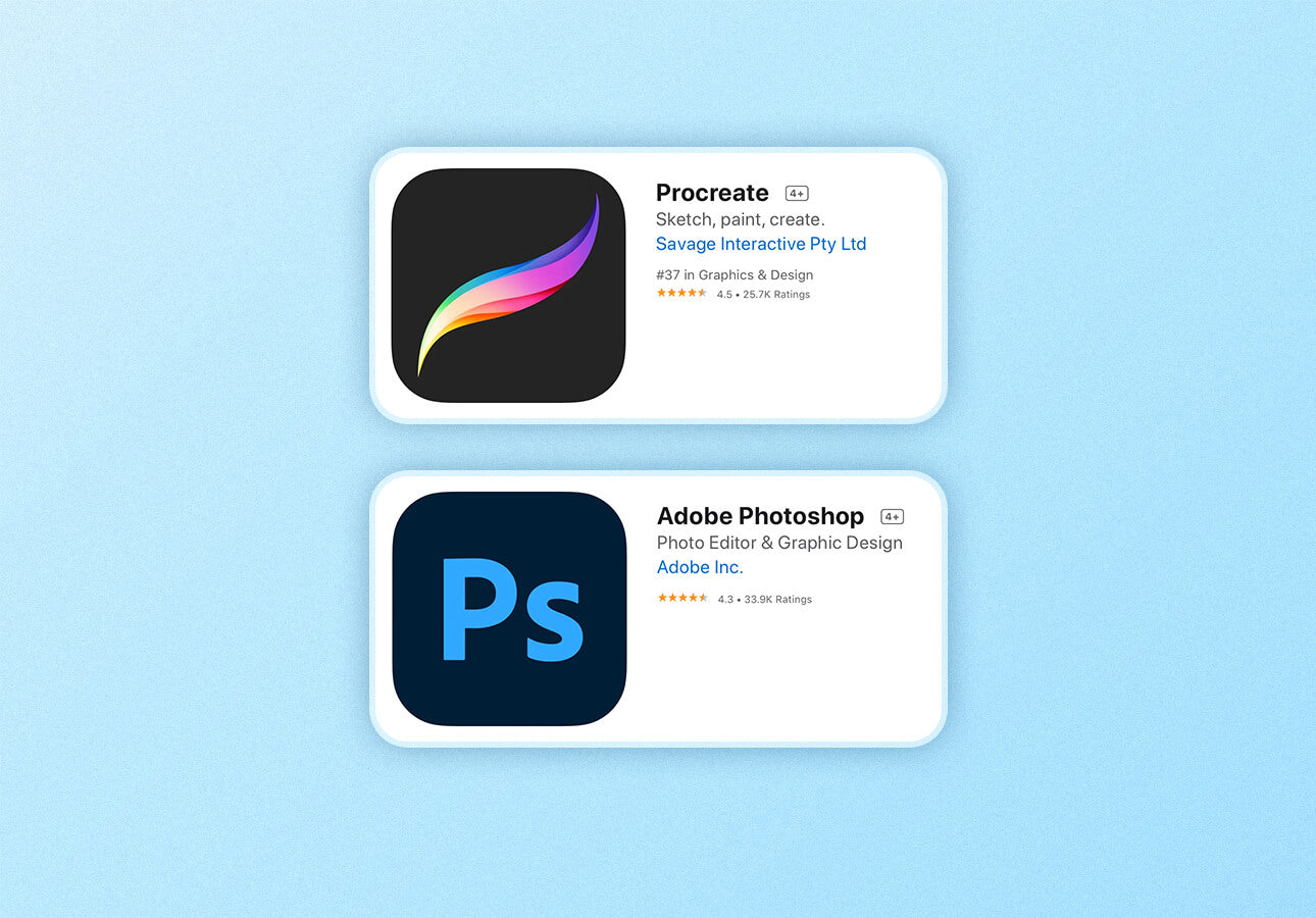 An image displaying the number of reviews for Procreate and Photoshop for iPad.