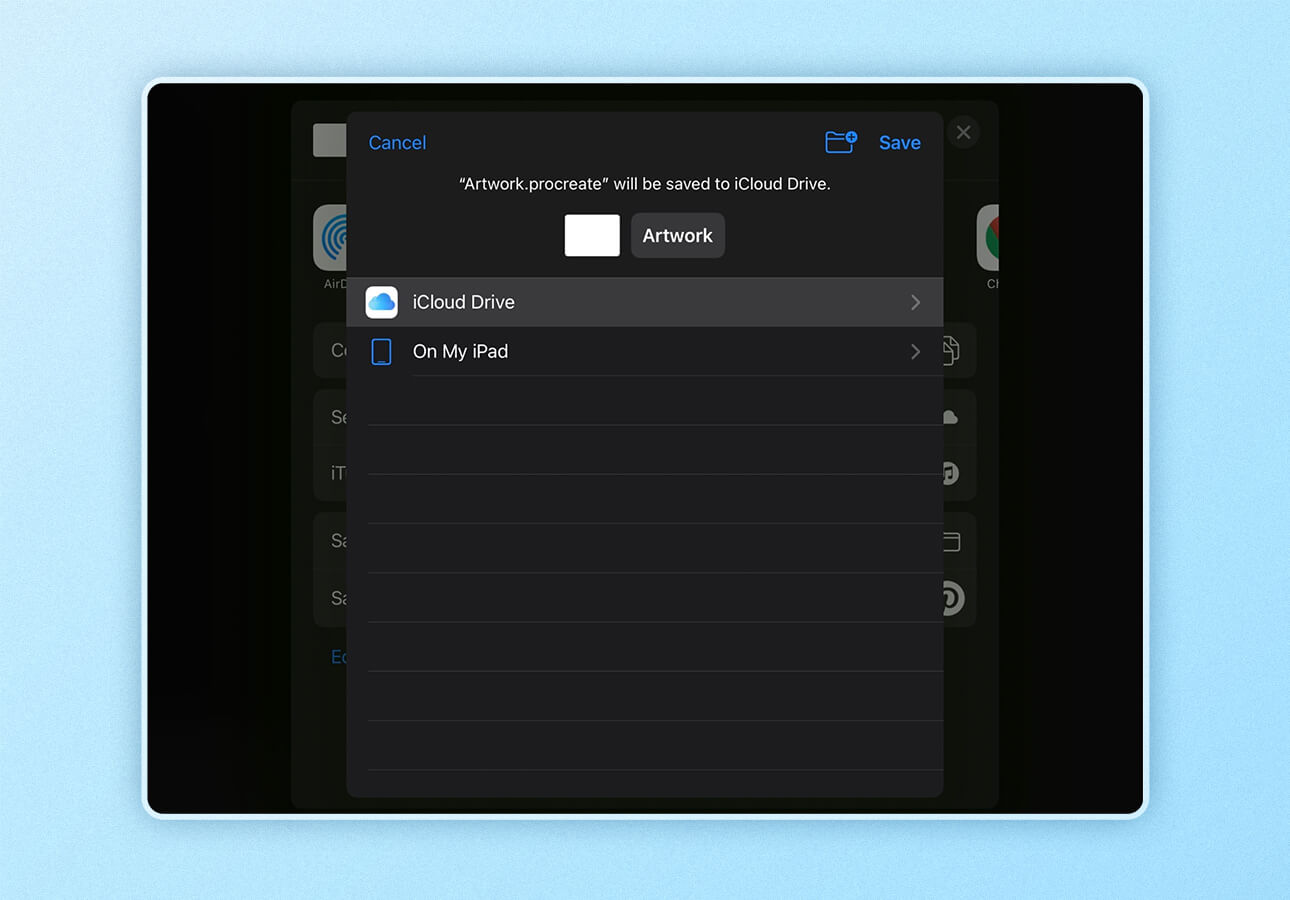 An interface window showing how to save a piece of art to iCloud Drive in Procreate.