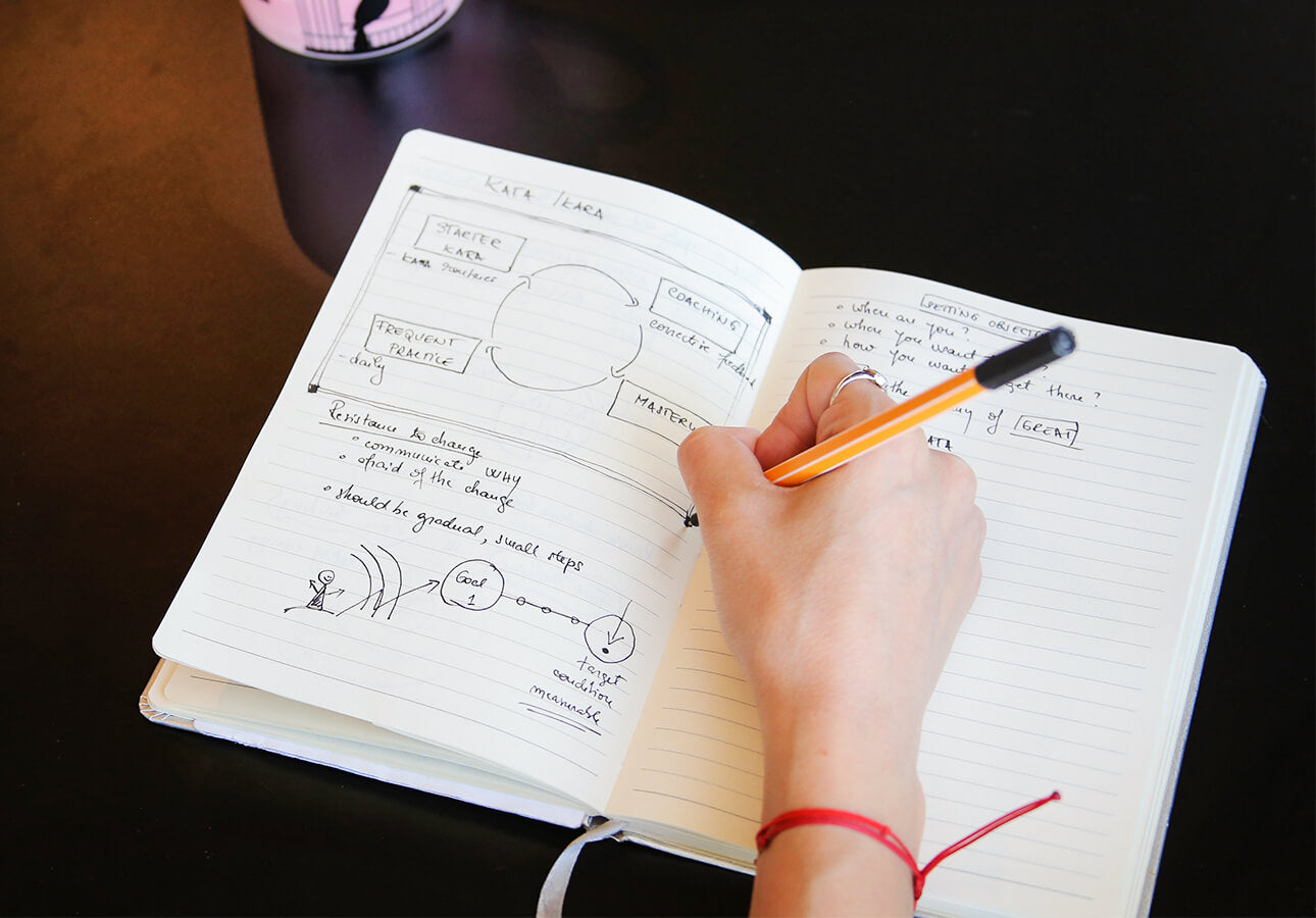 A notetaker draws a complex visual diagram while jotting down notes.