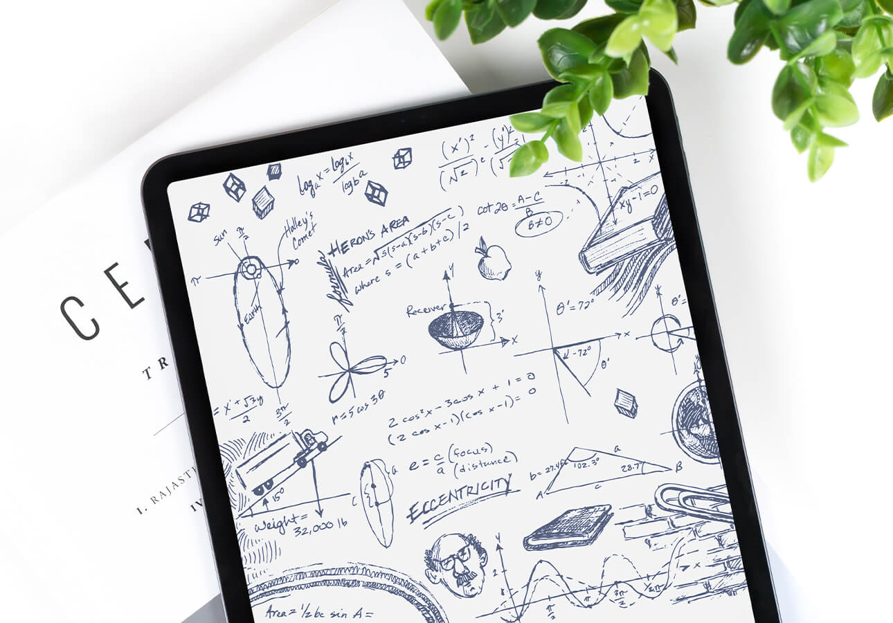 An iPad screen filled with hand-drawn equtations, graphis, and other sketched notes.