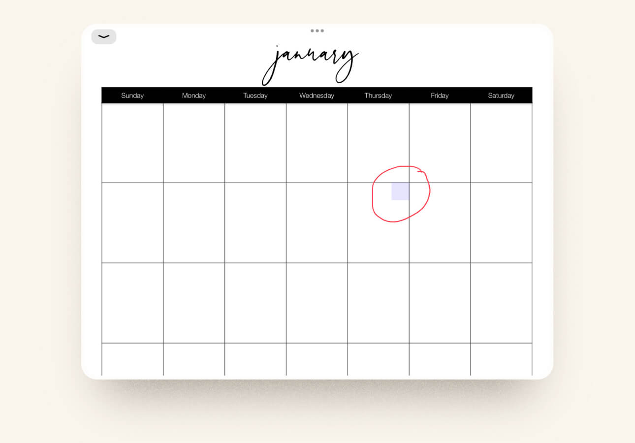 Image of a monthly calendar with a circle around the little blue box in the upper right corner of one of the daily squares.