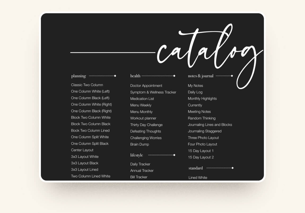 Image of the Catalog page detailing the included templates in the Hello Gorgeous planner.