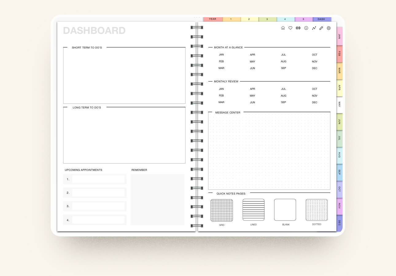Image of the Dashboard page in the Custom Digital Planner by The Planners Collective.