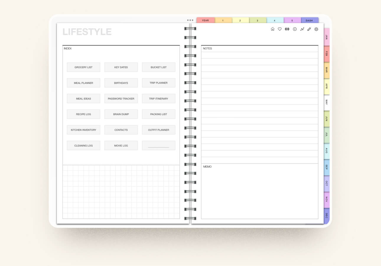 Image of the Lifestyle index page in the Custom Digital Planner by The Planners Collective.
