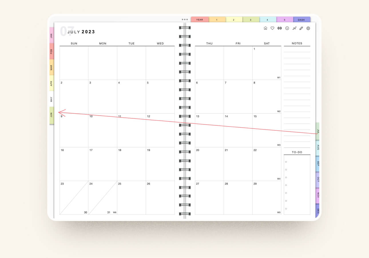 Image of a monthly calendar with a red arrow pointing from the July tab on the right to the June tab on the left.