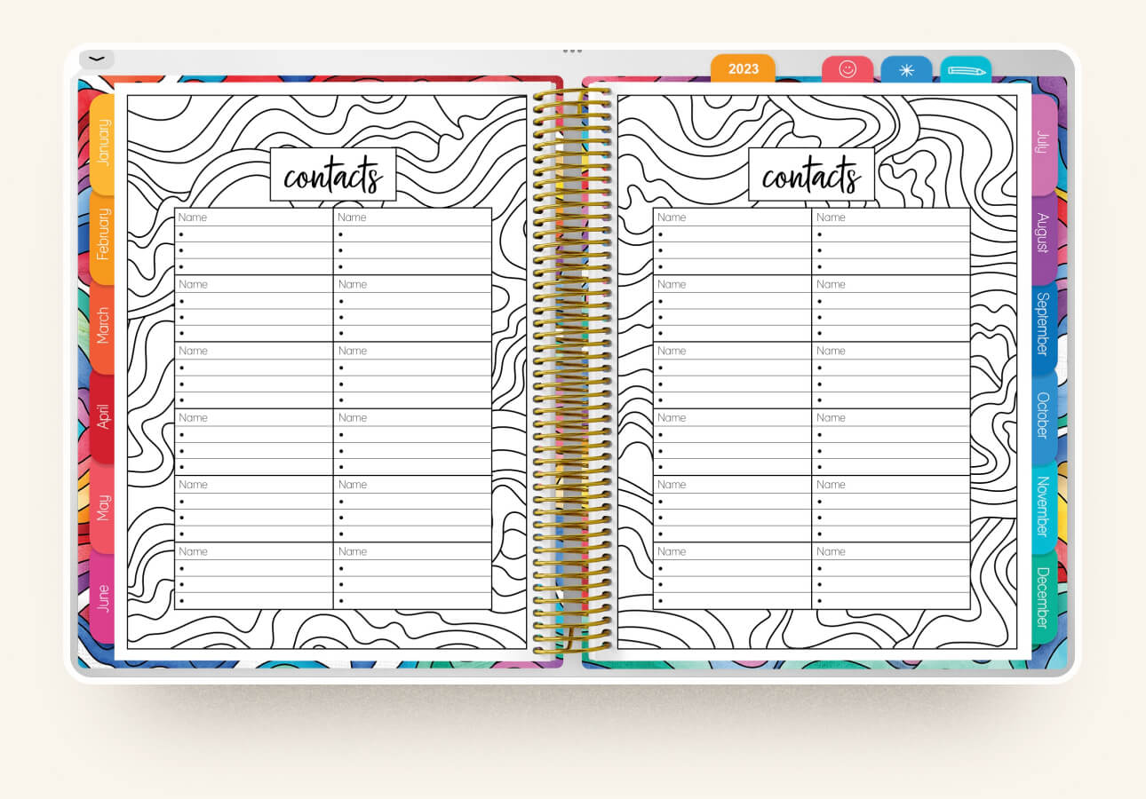 Image of the Contacts page in the Coloring Planner.