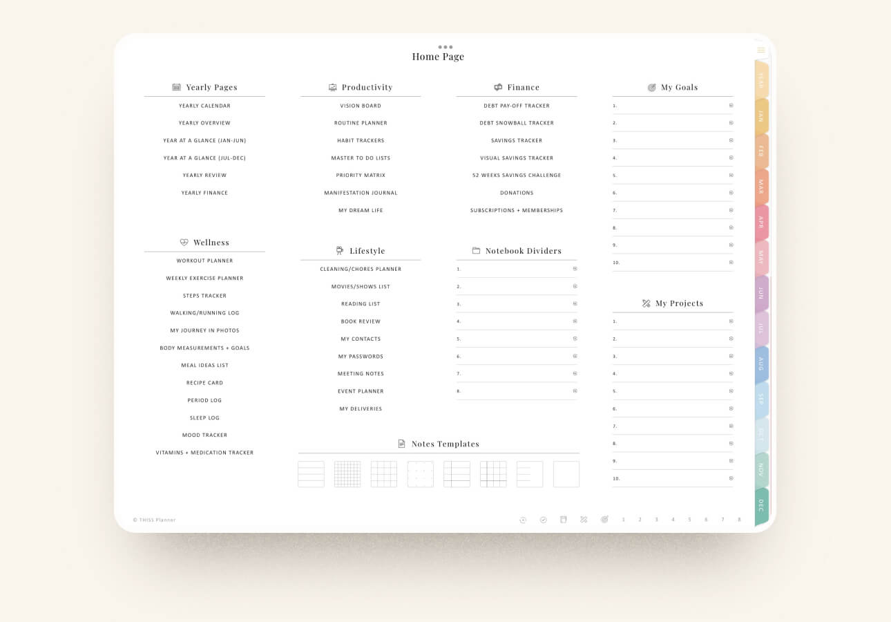 Image of the Home Page in the Undated Digital Planner by Thiss Planner.
