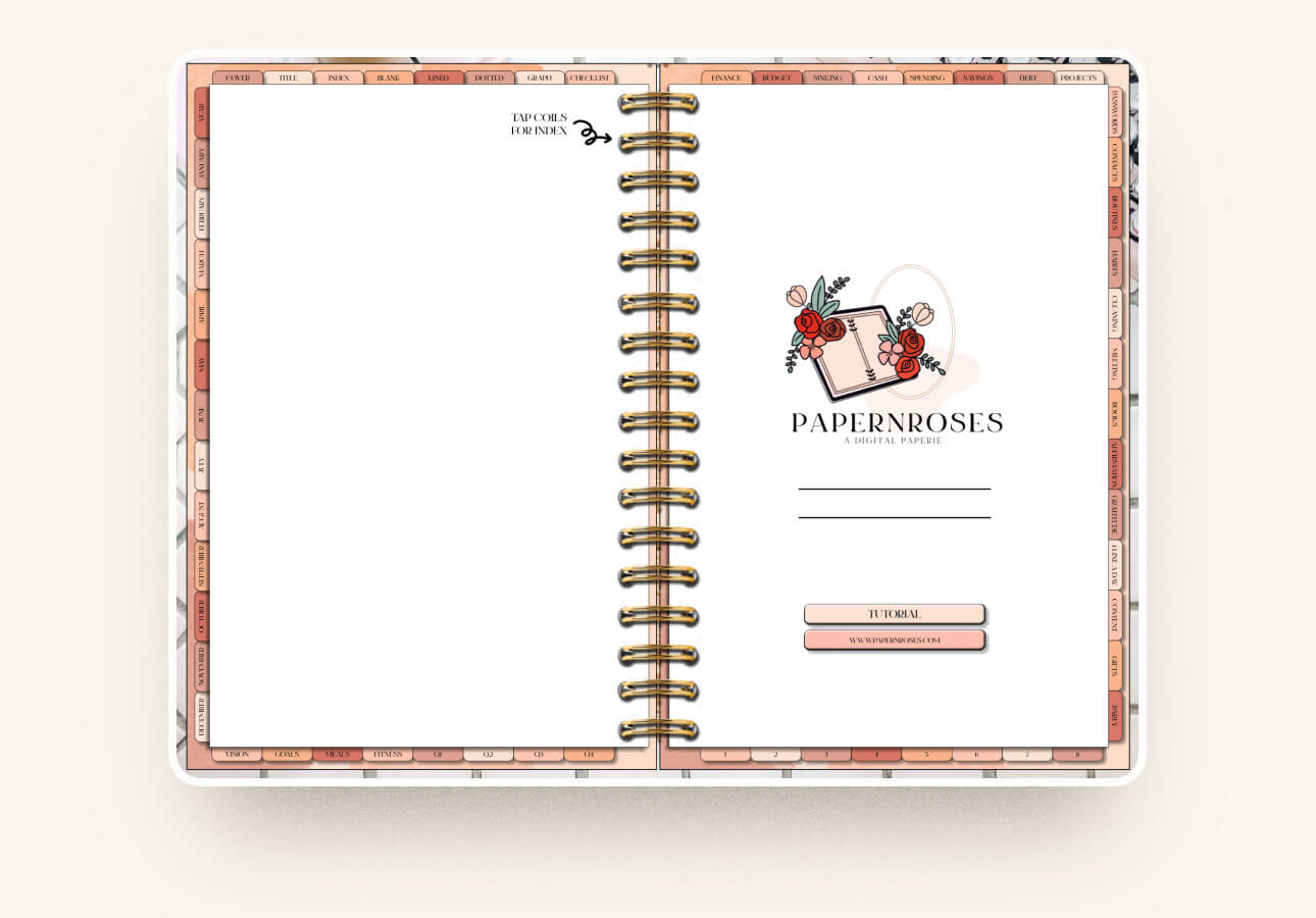 Image of the first page in the PaperNRoses planner.