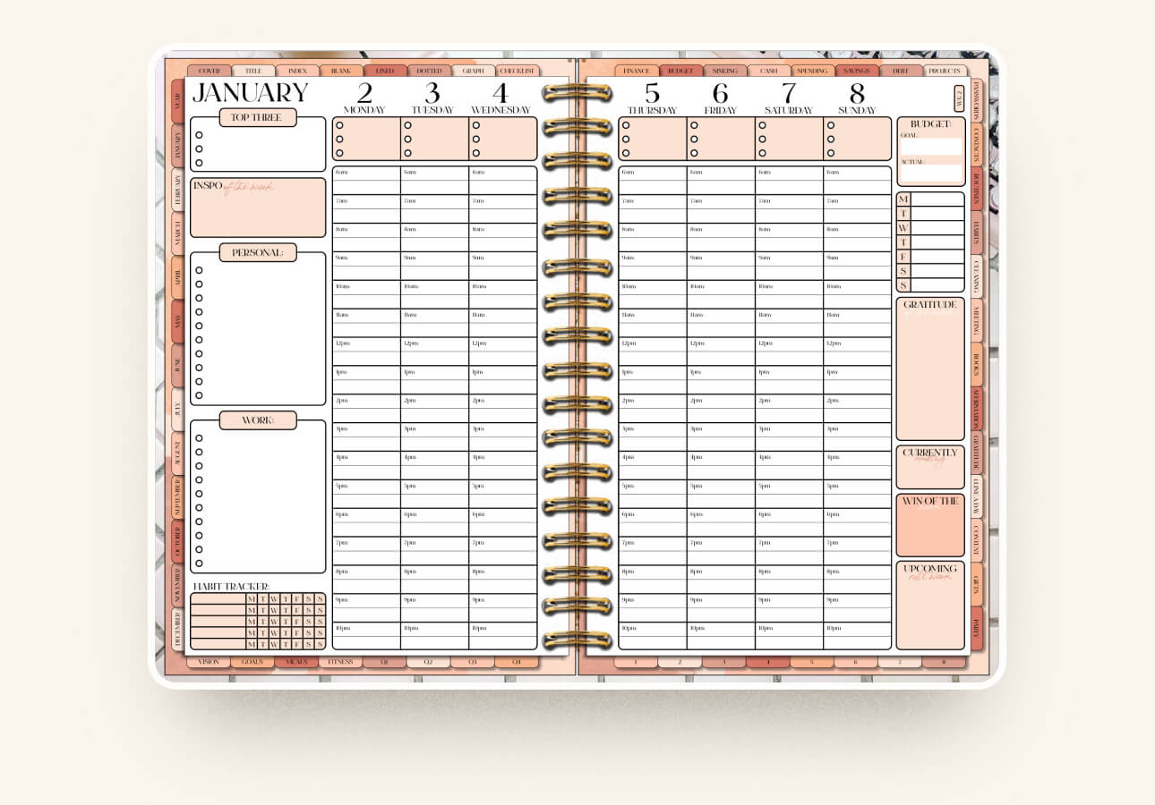 Image of the weekly schedule template in the Dream Life Planner by PaperNRoses.