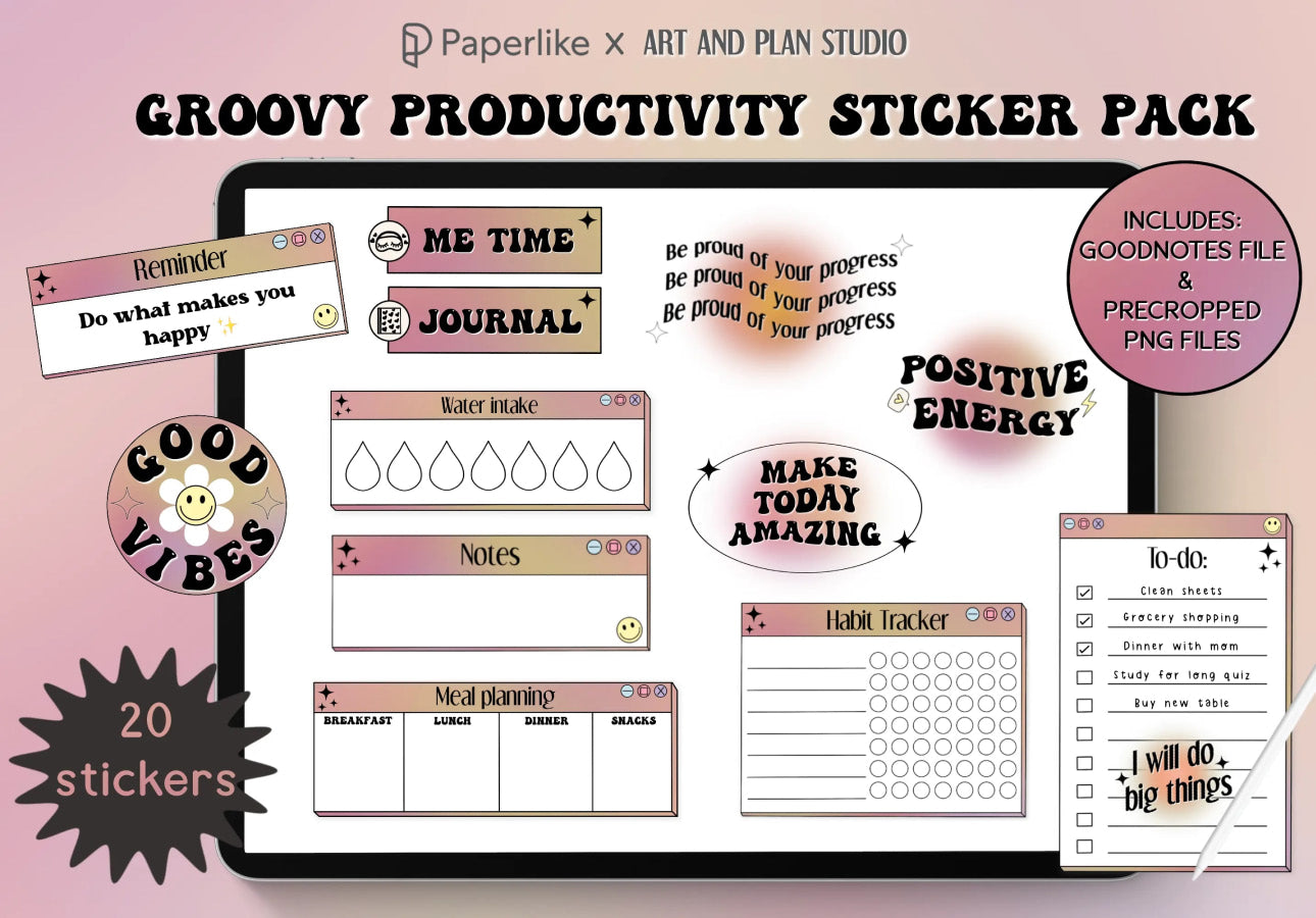 Image of an iPad with digital productivity stickers on the screen and floating around it with the title, “Groovy Productivity Sticker Pack.”