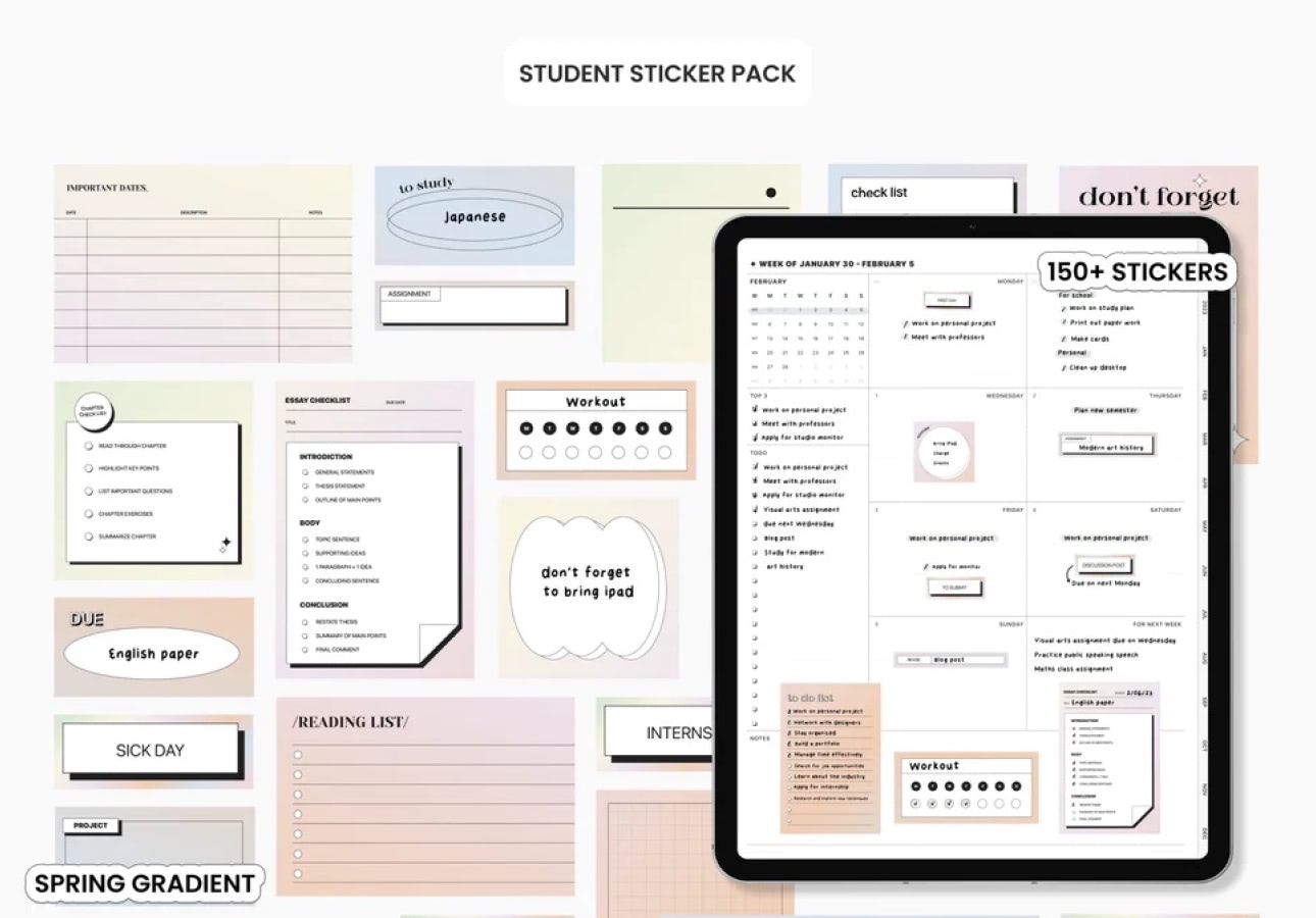 Image of an iPad with a planner open on it surrounded by digital stickers with the title, “Student Sticker Pack.”