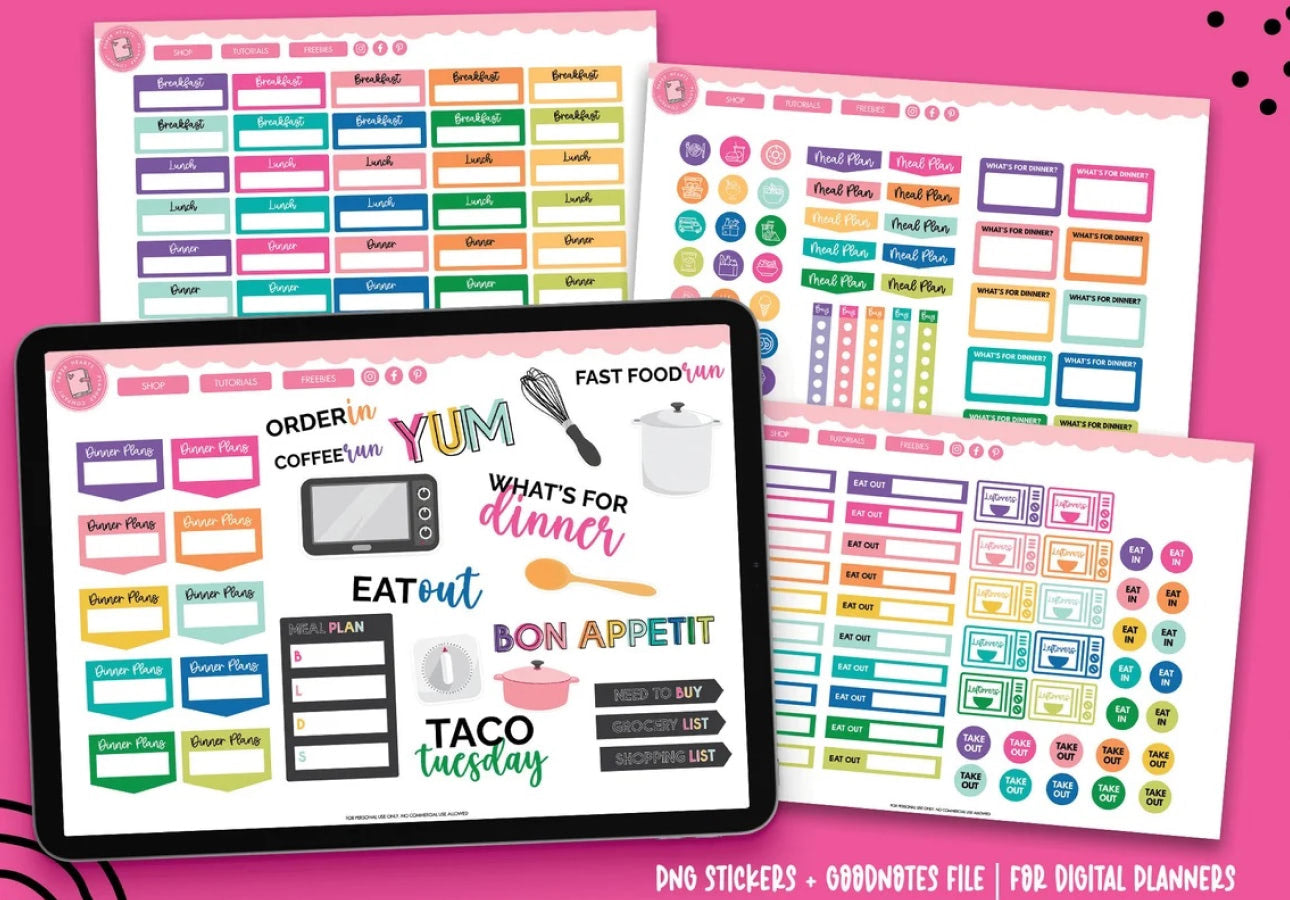 Image of an iPad with a set of digital stickers on the screen and three more sheets of stickers around it with a title at the top that says, “Digital Meal Planning Stickers.”