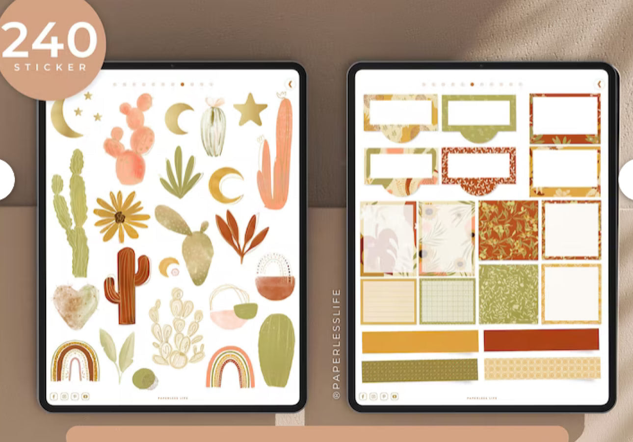 Image of two iPads side by side, each with different desert-themed digital stickers on them and a title at the top that says, “Digitale Sticker Desert.”