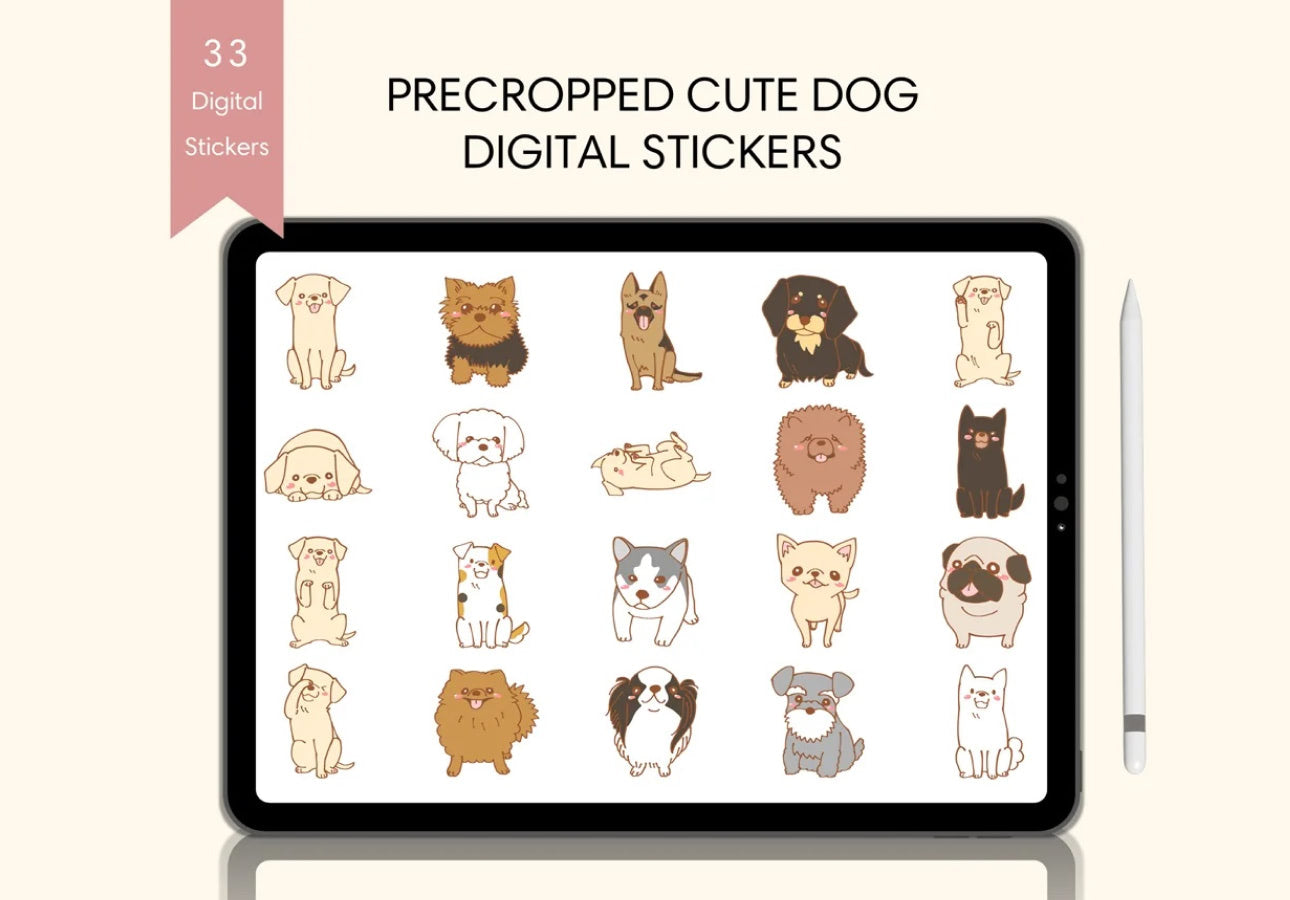 Image of an iPad with cute dog stickers filling the screen, an Apple Pencil to the right, and the title, “Precropped Cute Dog Digital Stickers.”