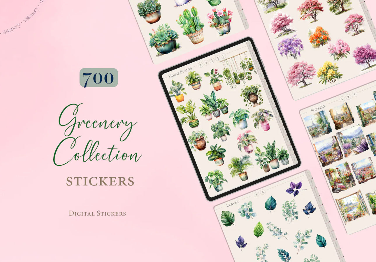 Image of an iPad with botanical stickers on the screen and multiple sheets of matching stickers surrounding it with a title to the left that says, “700 Greenery Collection Stickers.”