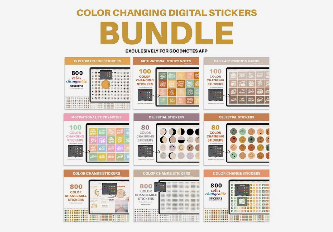 Image of nine pages, each with an iPad covered in digital stickers of different types and a title at the top that says, “Color Changing Digital Stickers Bundle.”