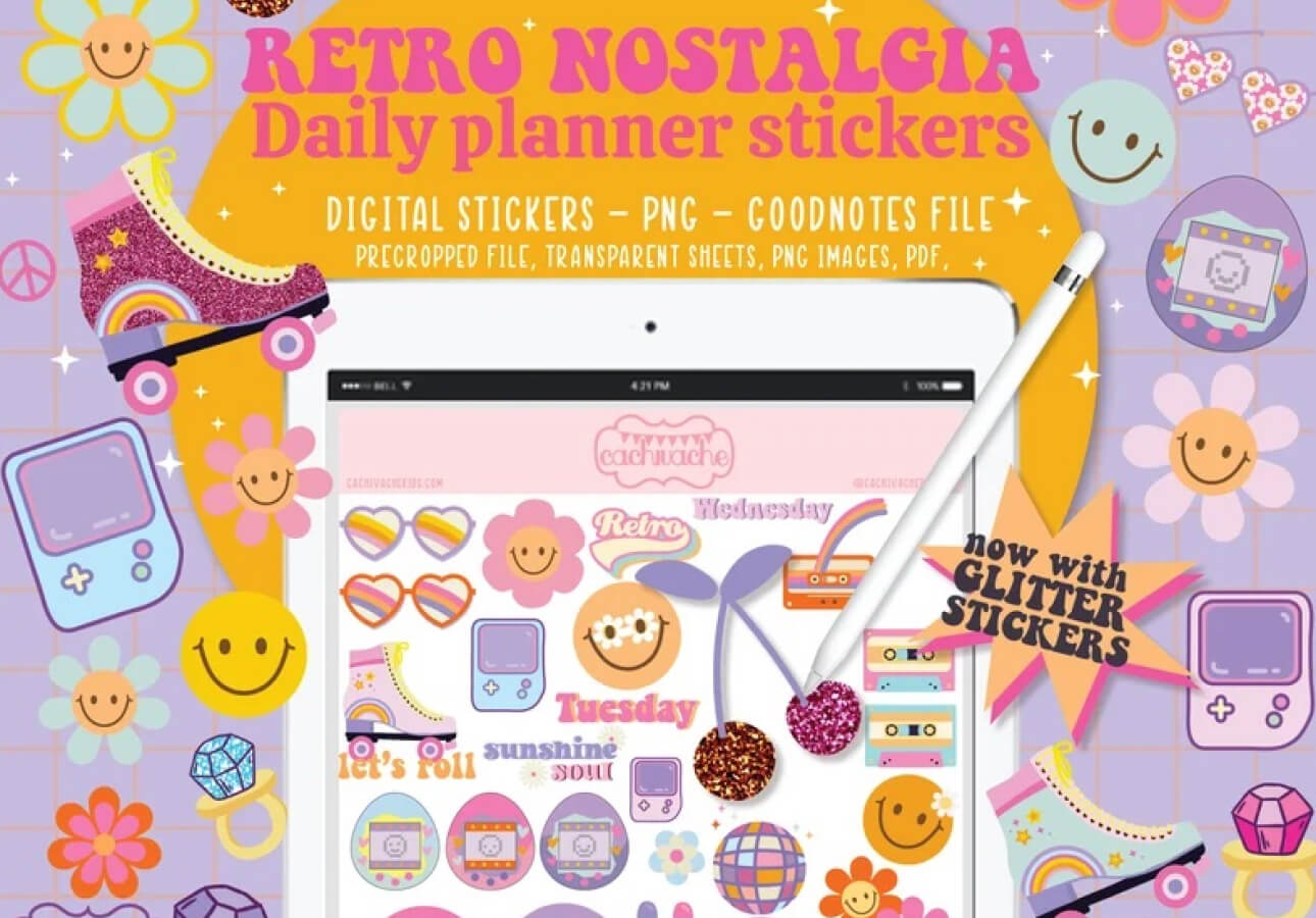 A pale purple background covered with smiley faces and retro stickers with an iPad in the center and the title, “Retro Nostalgia Daily Planner Stickers.”