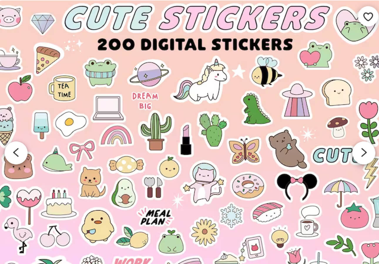 Image of a bunch of cute, Kawaii stickers on a pink and orange ombre background with the title, “Cute Stickers.”