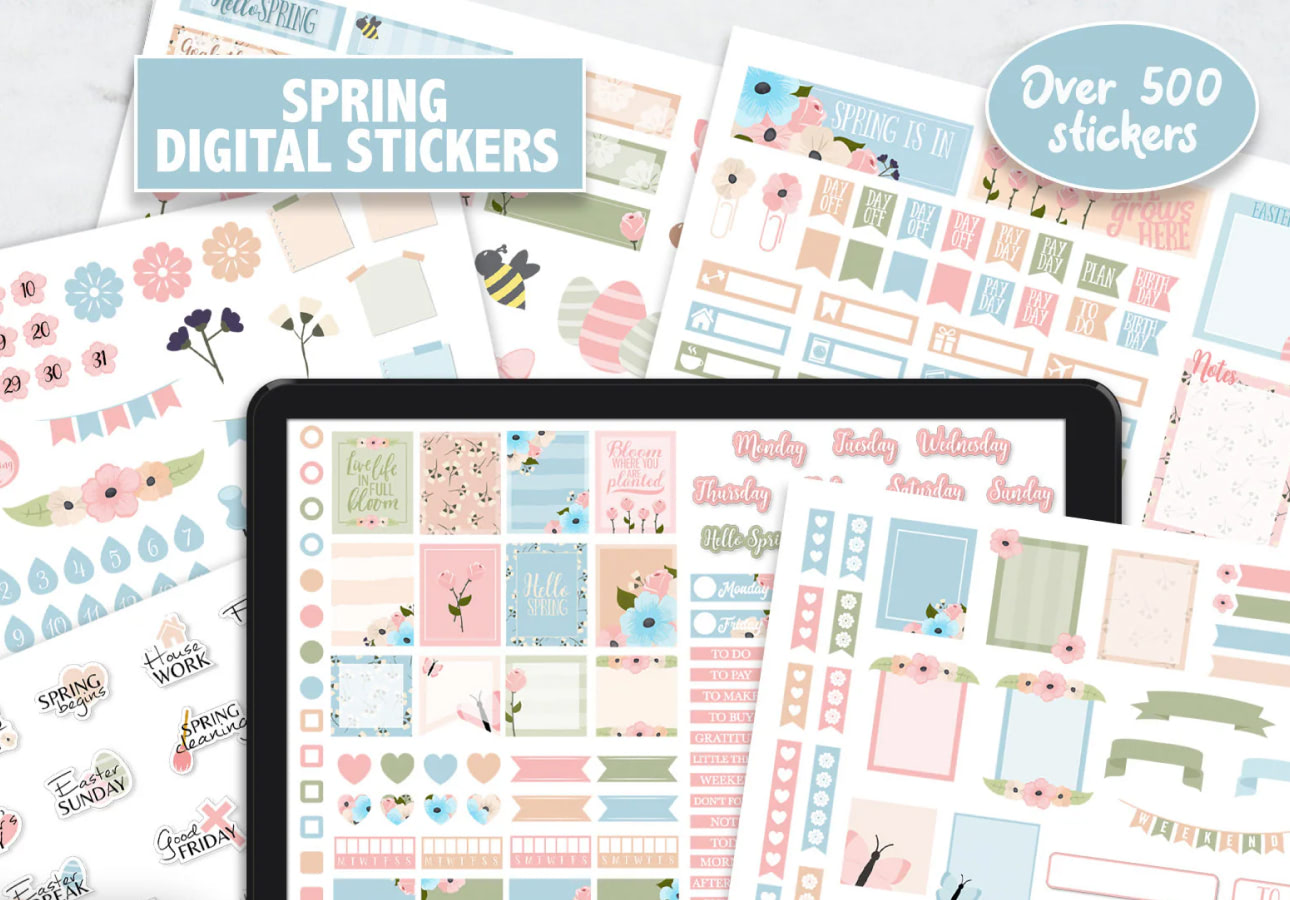 Image of an iPad with spring-themed stickers on it, surrounded by pages of stickers with the title, “Spring Digital Stickers.”