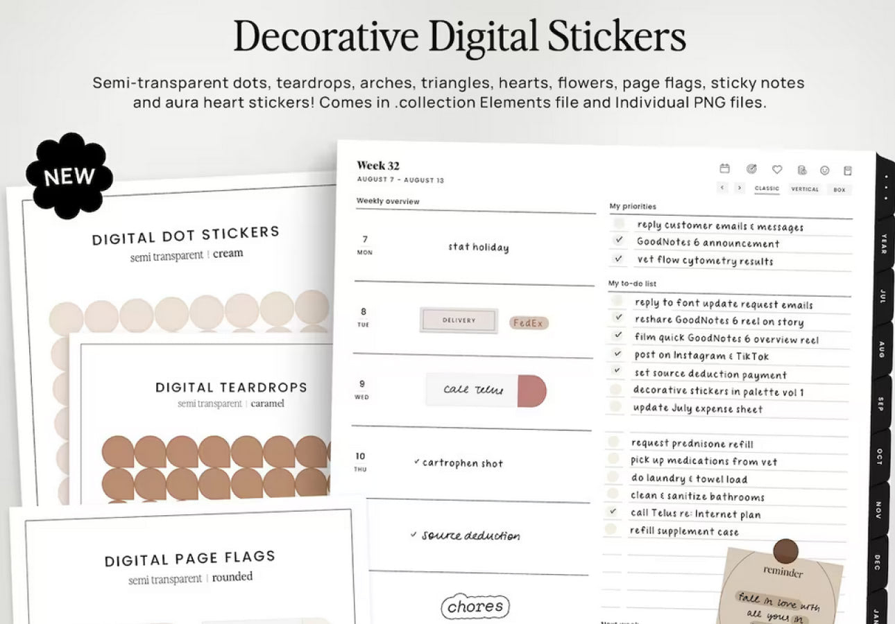 Image of digital sticker pages with dots, teardrops, and page flags on the left and a planner on the right with examples of how to use these stickers.