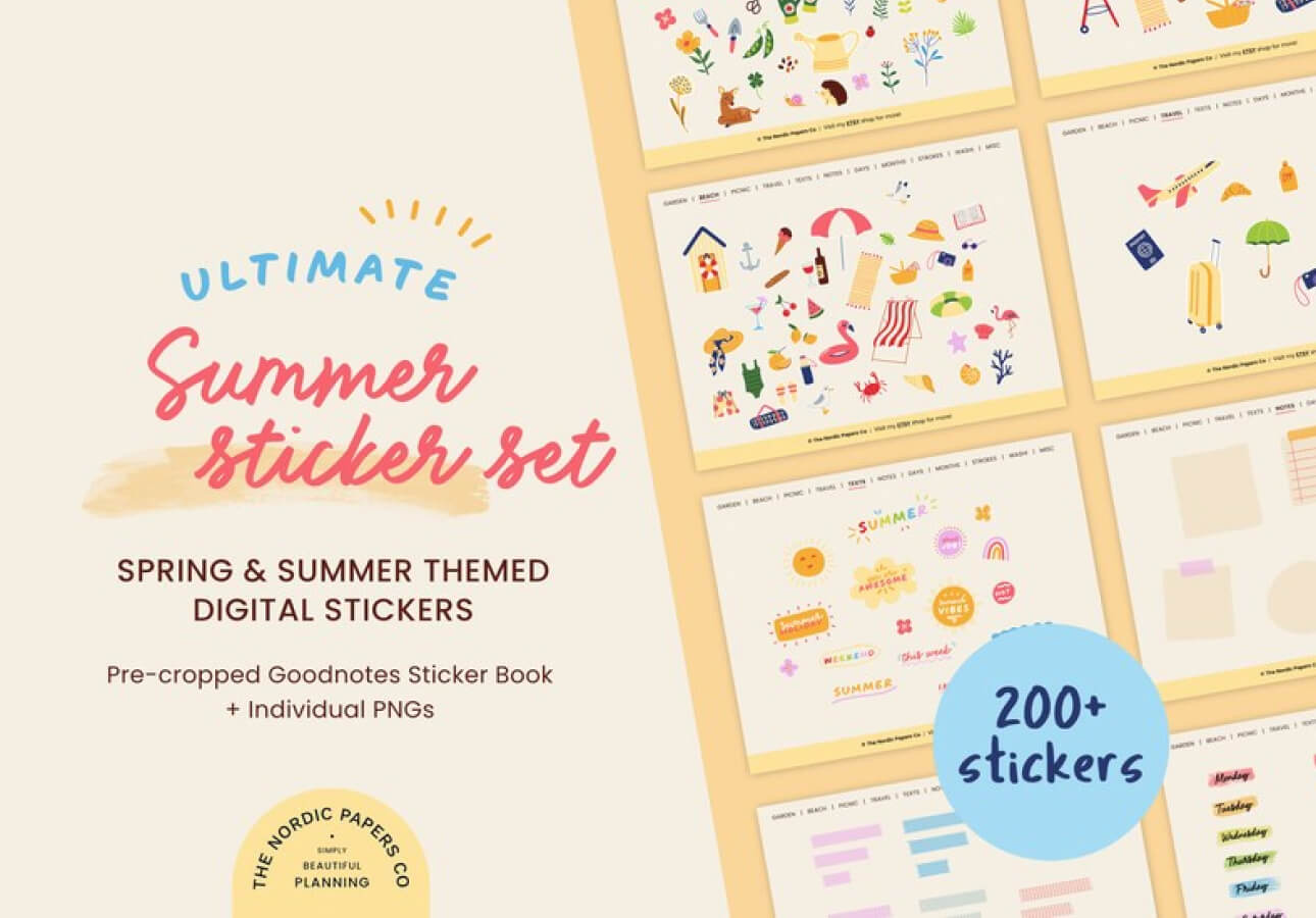 Image of multiple digital sticker sheets covered with summer-themed stickers on the right and the title, “Ultimate Summer Sticker Set,” off to the left with more details about what’s included.