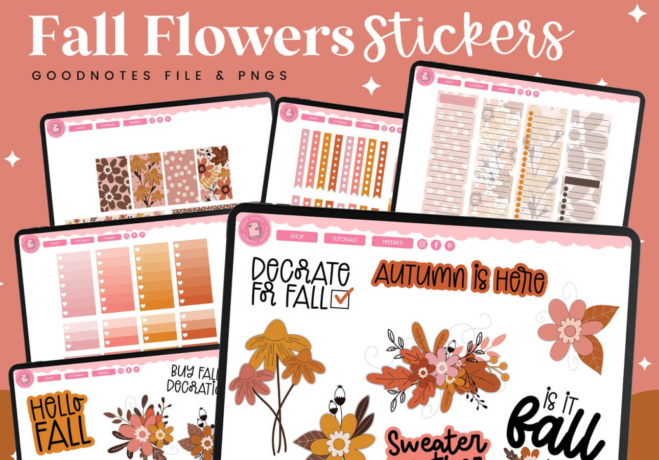 Image of an iPad with fall-themed stickers on it surrounded by multiple sheets of stickers and a title at the top that says, “Fall Flowers Stickers.”