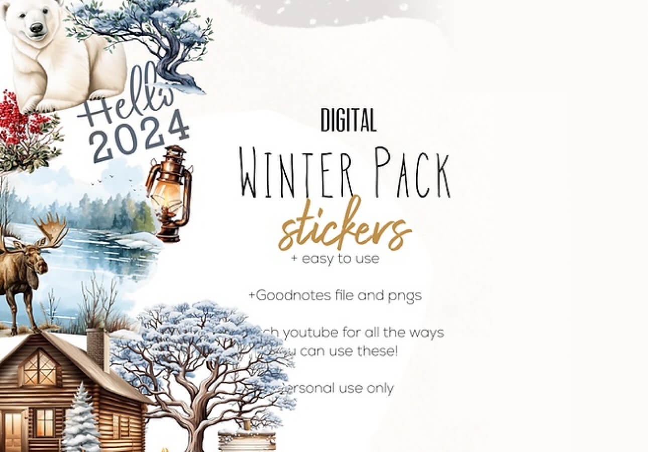 Image of beautiful winter-themed digital stickers, including a cabin, polar bear, moose, lantern, and more on the left and the title “Digital Winter Pack Sticker” on the right.