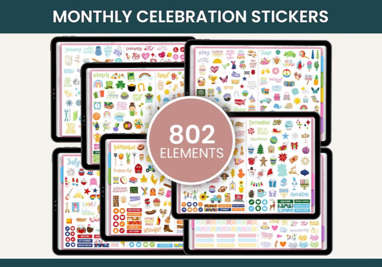 Image of multiple iPads covered in digital stickers overlapping each other and the title “Monthly Celebration Stickers” at the top.