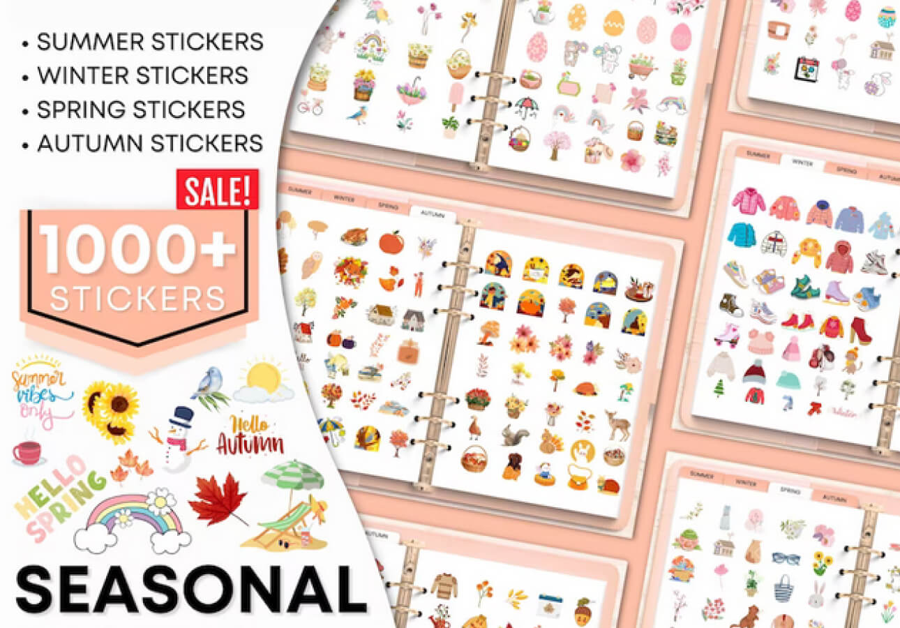 Image of multiple pages of seasonal stickers on the right and a description with the title “Seasonal Digital Stickers” on the left.