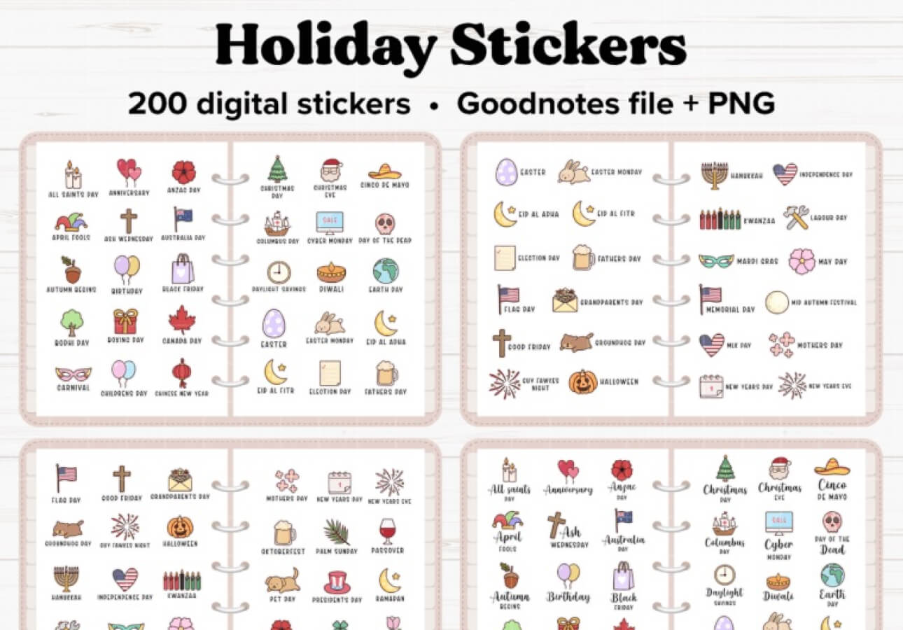 Image of spiral-bound pages with holiday icons open on four different iPads with the title “Holiday Stickers” above them.