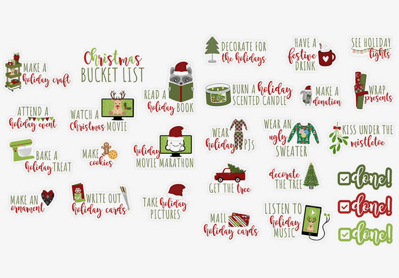 Image of Christmas stickers with an image or text about different holiday activities, like watching a Christmas movie or burning a holiday-scented candle.