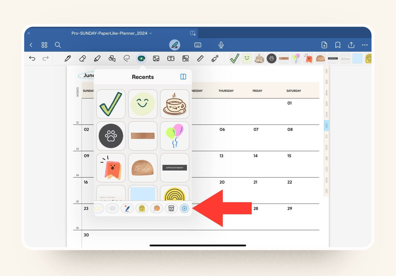 Image of the Elements Tool in Goodnotes with the most recent stickers used and a large red arrow pointing to the + icon at the bottom.