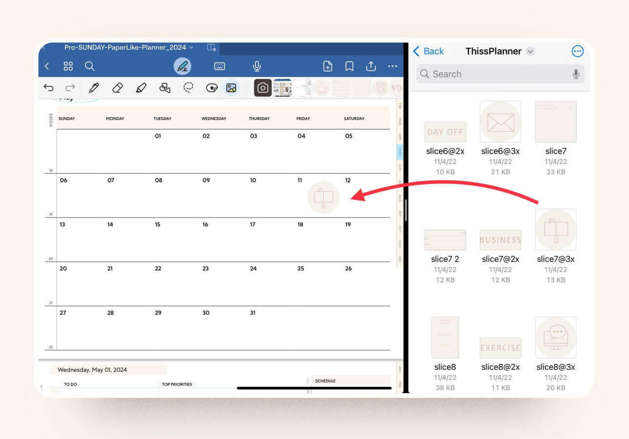 Image of Paperlike’s Pro Planner and the Files app in split view with digital stickers and a red arrow showing that you can drag and drop from one app to the other.