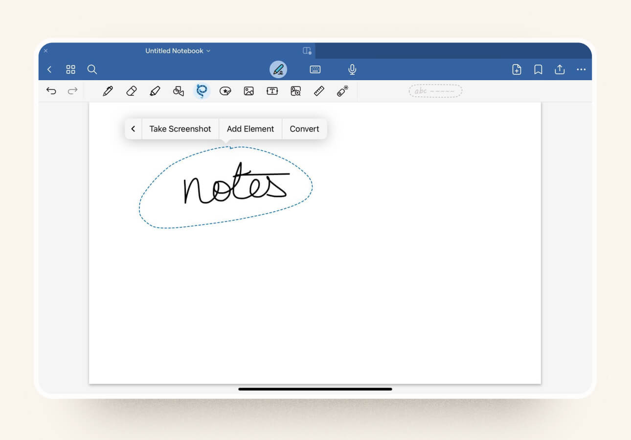 Image of the word ‘notes’ written in cursive with a blue dotted line around it and a pop-up menu above it with the option to Add Element.