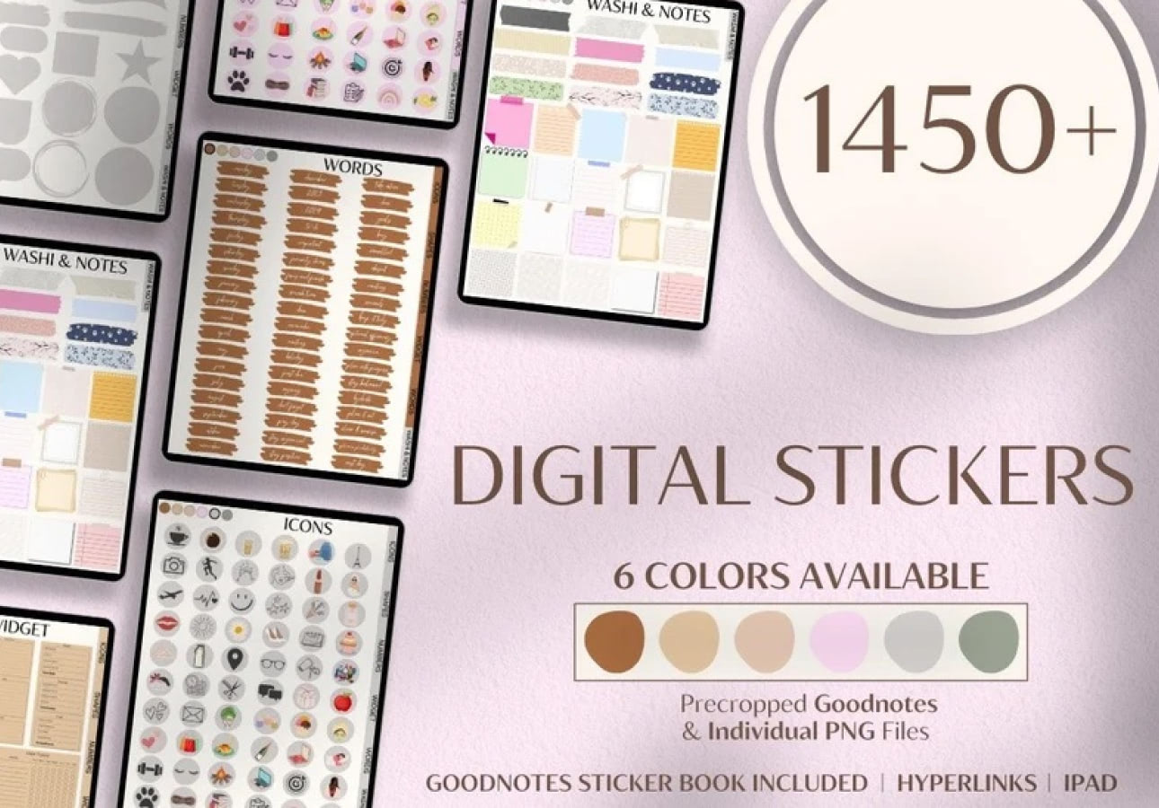 Multiple iPads covered with digital stickers sit on a pale pink background with the title, “1450+ Digital Stickers.”