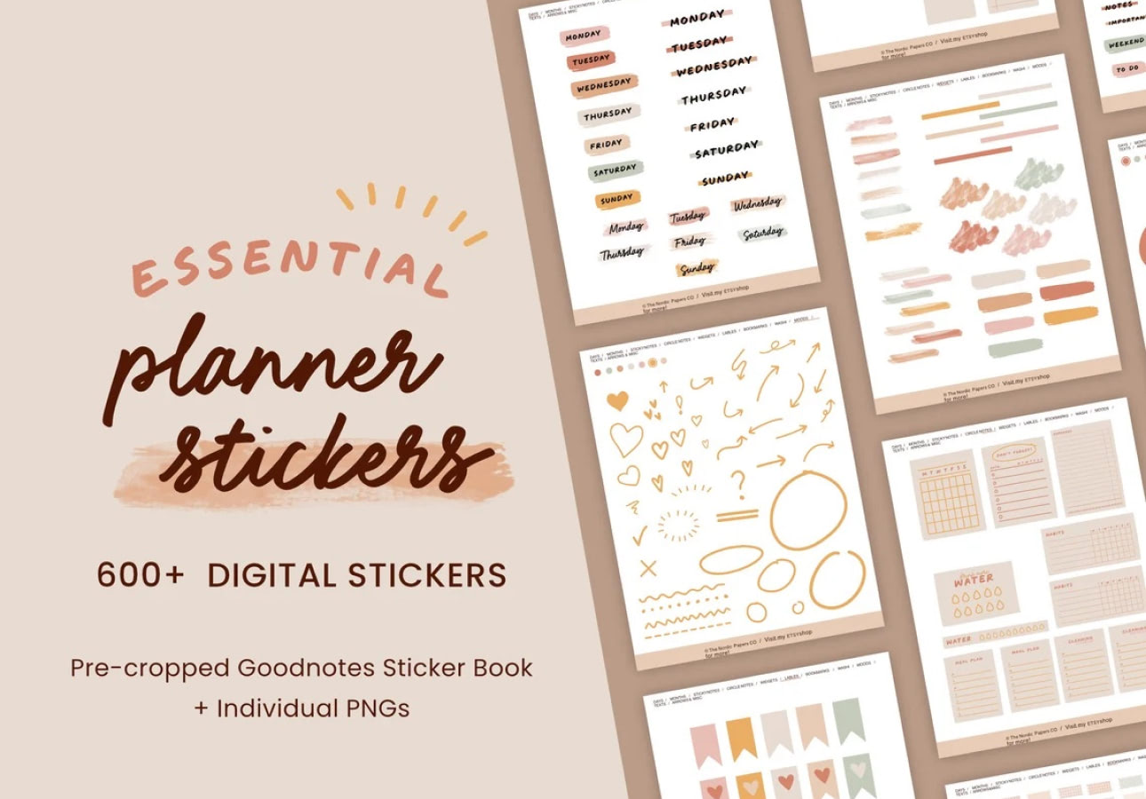 Image of multiple pages with digital stickers on them on a beige background with the title, “Essential Planner Stickers.”