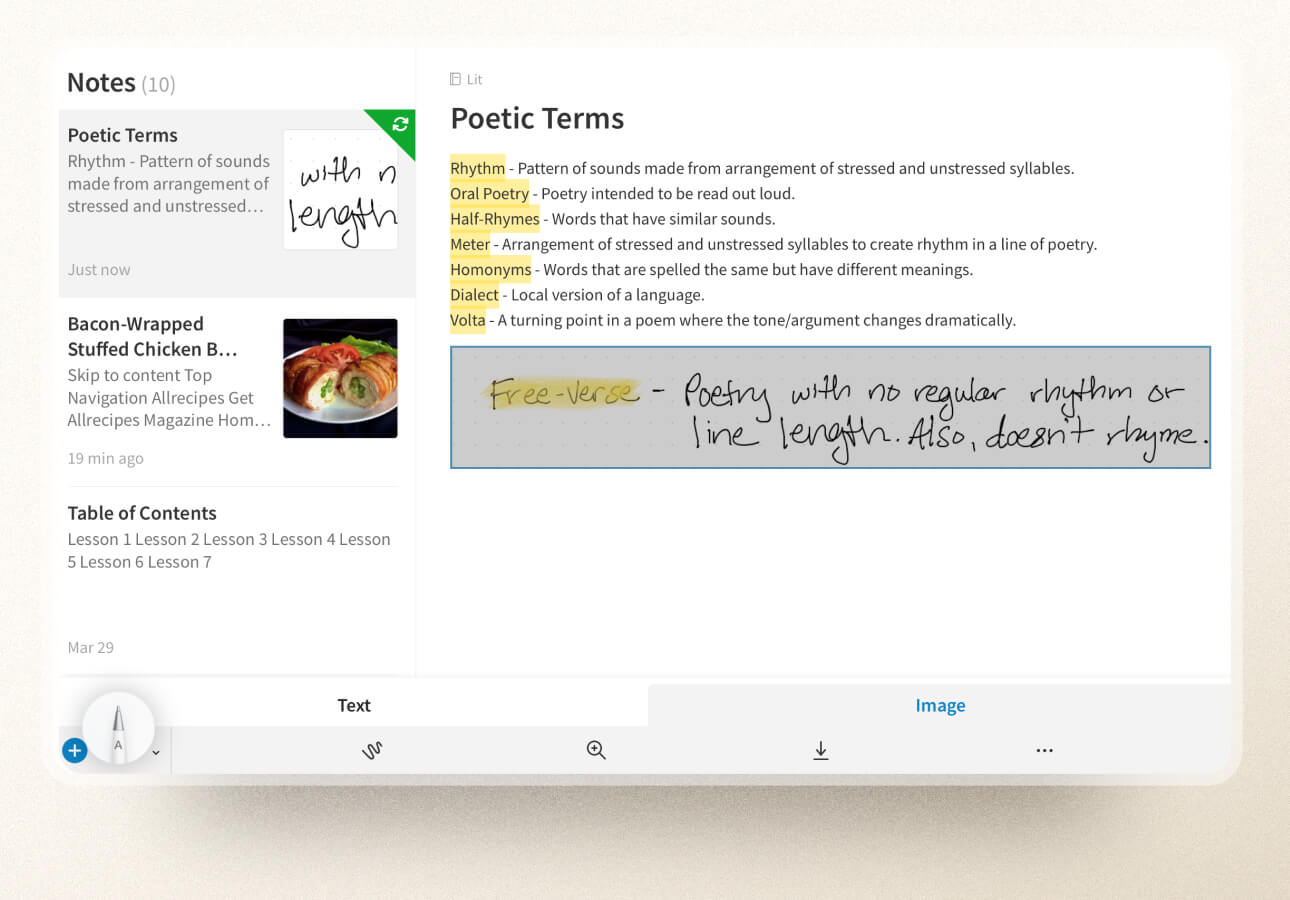 Image of a typed note with a handwritten section separated into its own box below in Evernote.