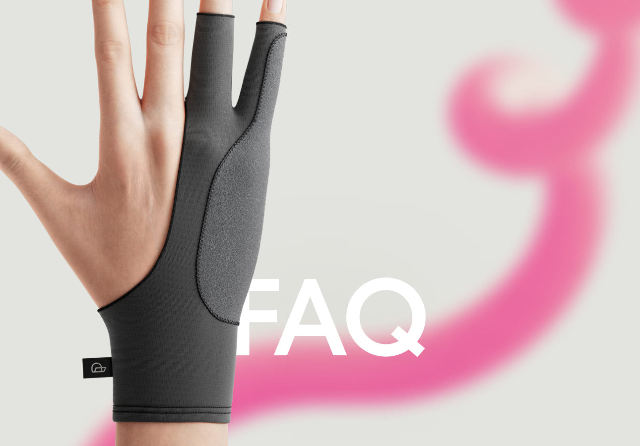A hand held up wearing Paperlike’s Drawing Glove with the text, “FAQ” next to it and a pink swirl blurred in the background.