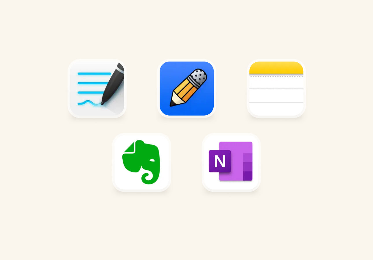 Image of app icons for GoodNotes, Notability, Apple Notes, Evernote, and OneNote.