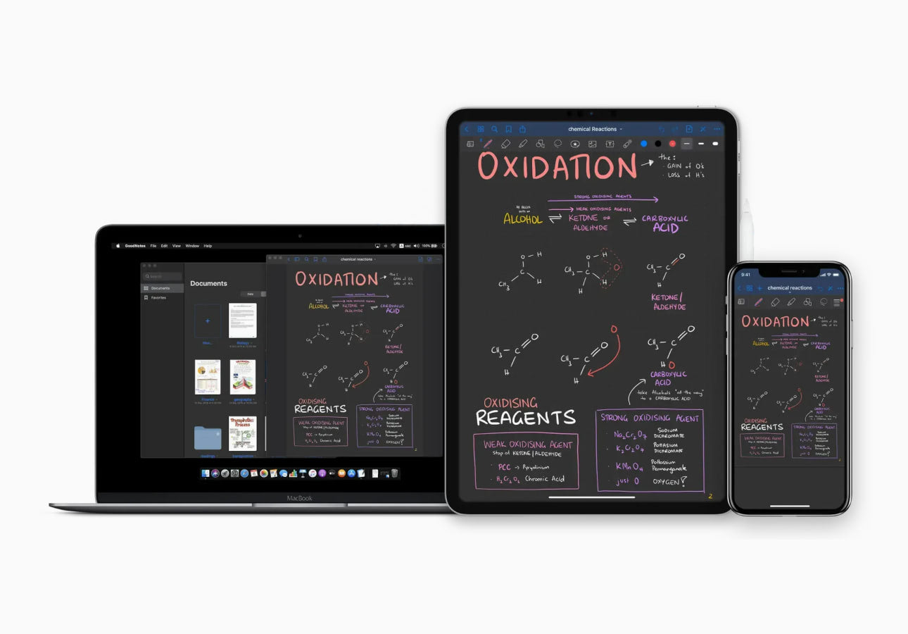 Notes about oxidation in the GoodNotes app on a laptop, the iPad, and an iPhone.