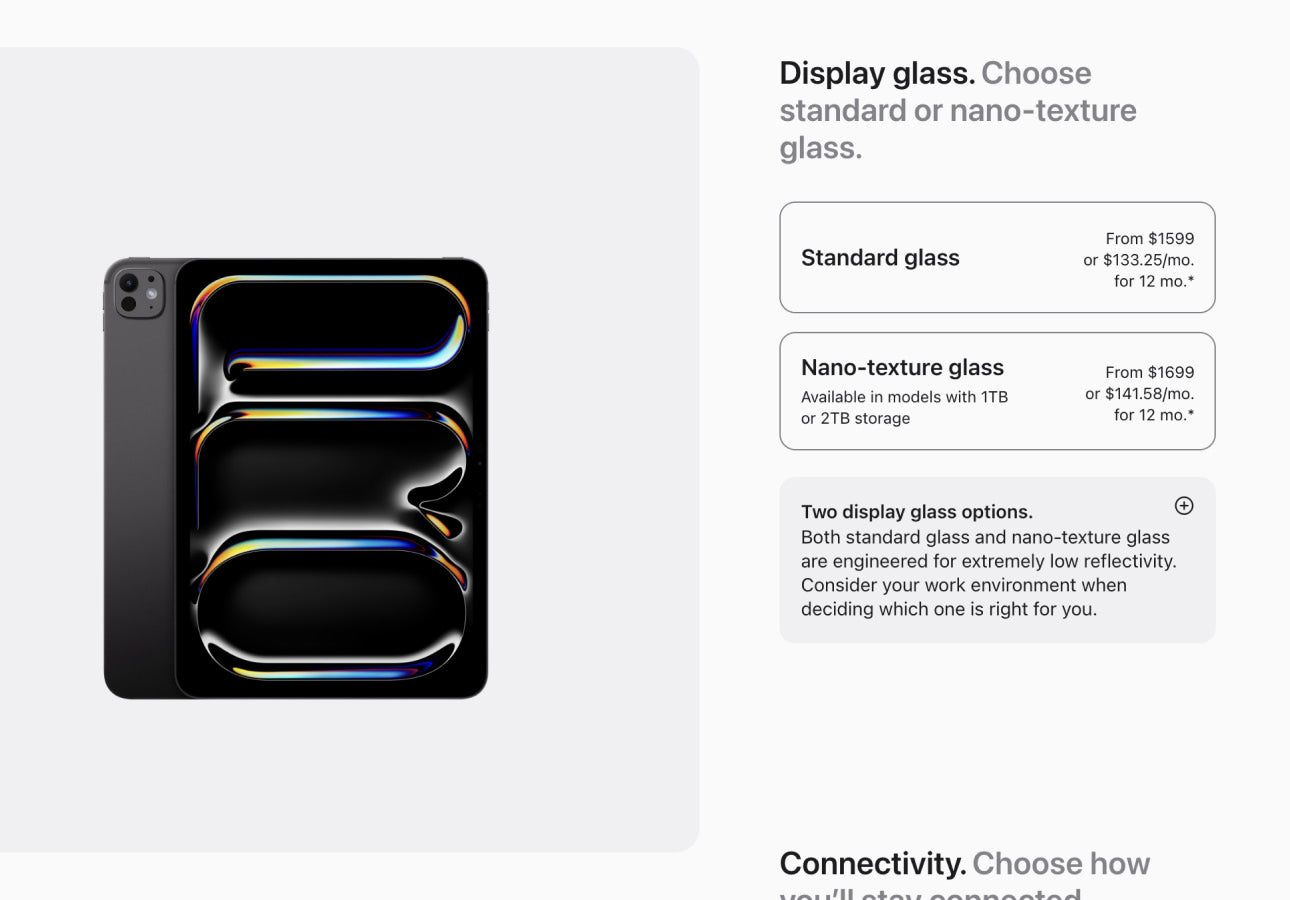 Marketing display for iPad Pro options highlighting two types of display glass: standard and nano-texture. The text explains pricing and availability.