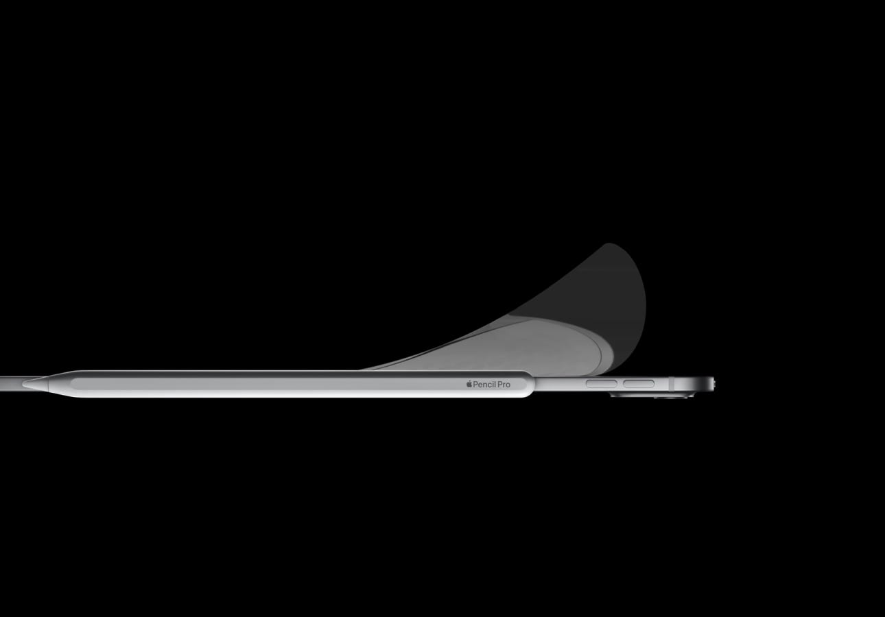 Side view of an iPad Pro with a Paperlike’s Screen Protector partially peeled off, alongside an Apple Pencil Pro resting on the device.