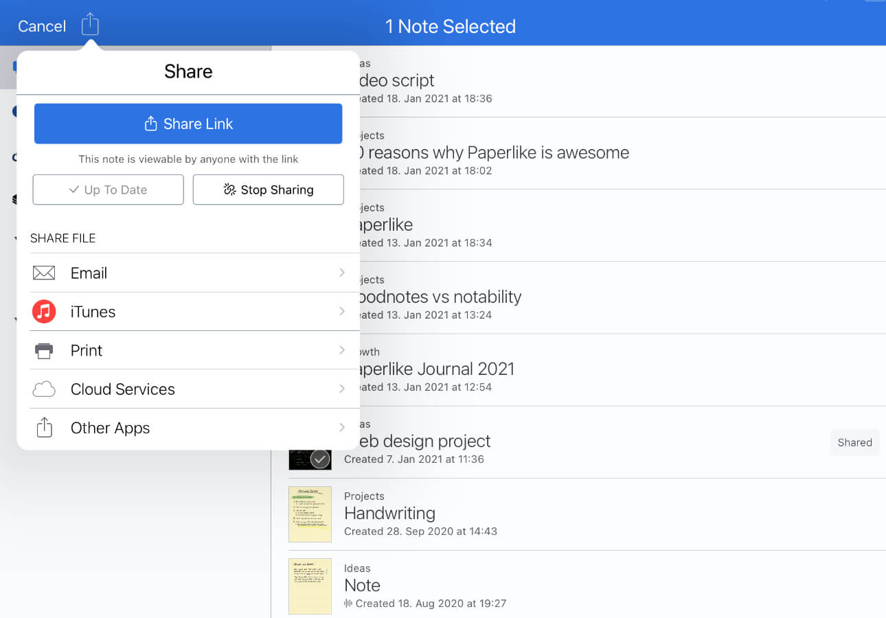 An image showing the Share menu inside Notability.