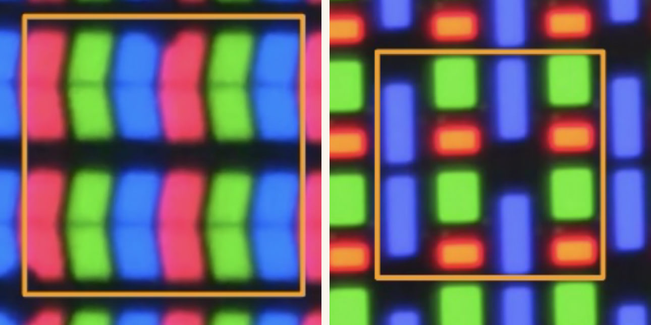 Images of the pixel distribution on the LED iPad and the OLED iPad side by side.