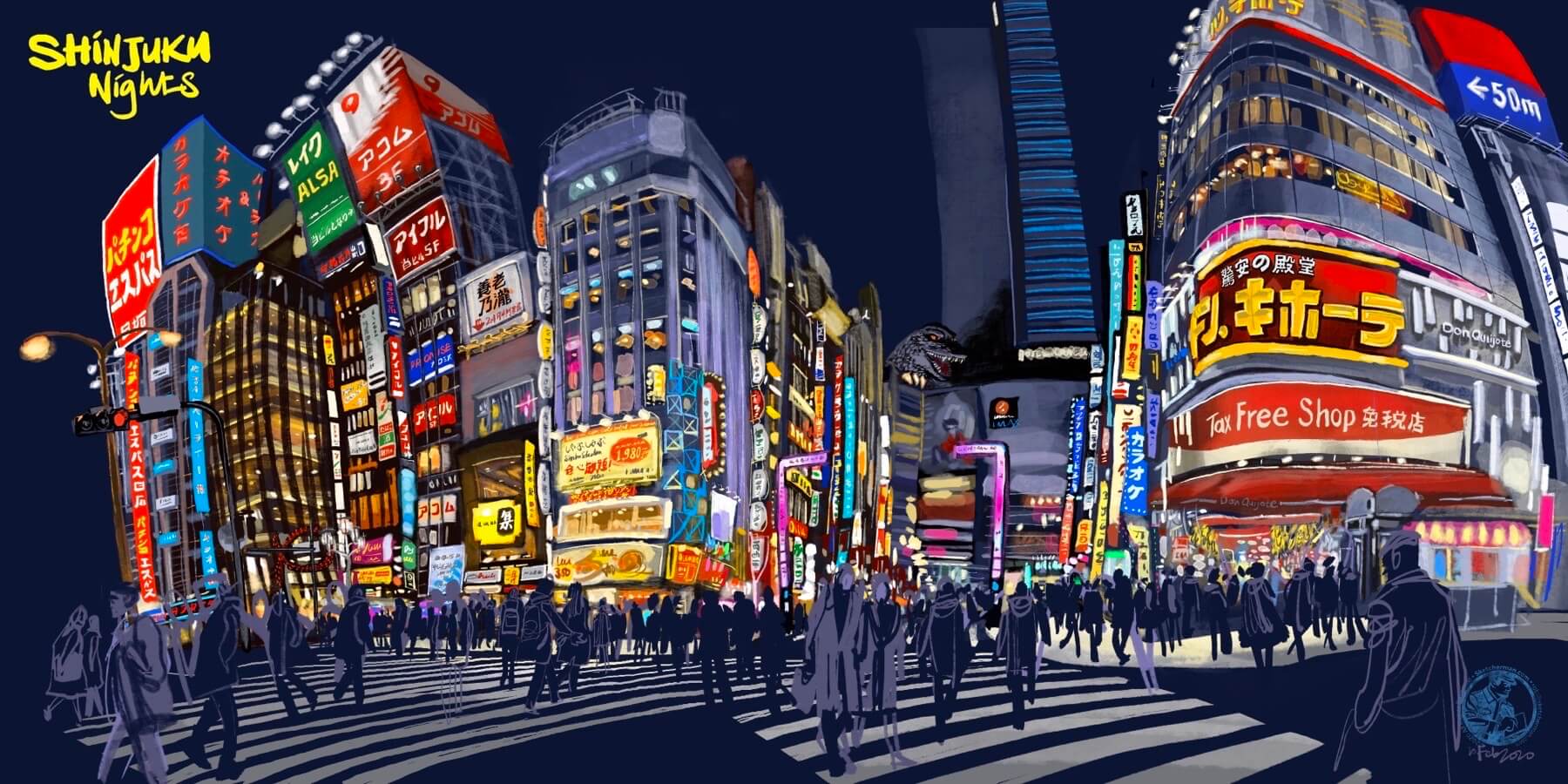 An urban sketch of Shinjuku City, Tokyo by Rob Sketcherman.