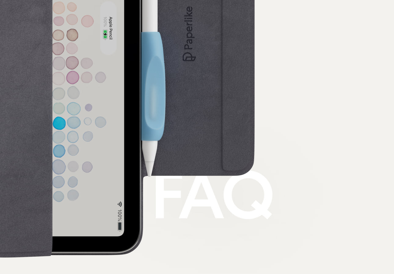 An image of an Apple Pencil (2nd generation) attached magnetically to the side of an iPad. Paperlike’s Pencil Grips in Paperlike Blue are attached to the Apple Pencil.