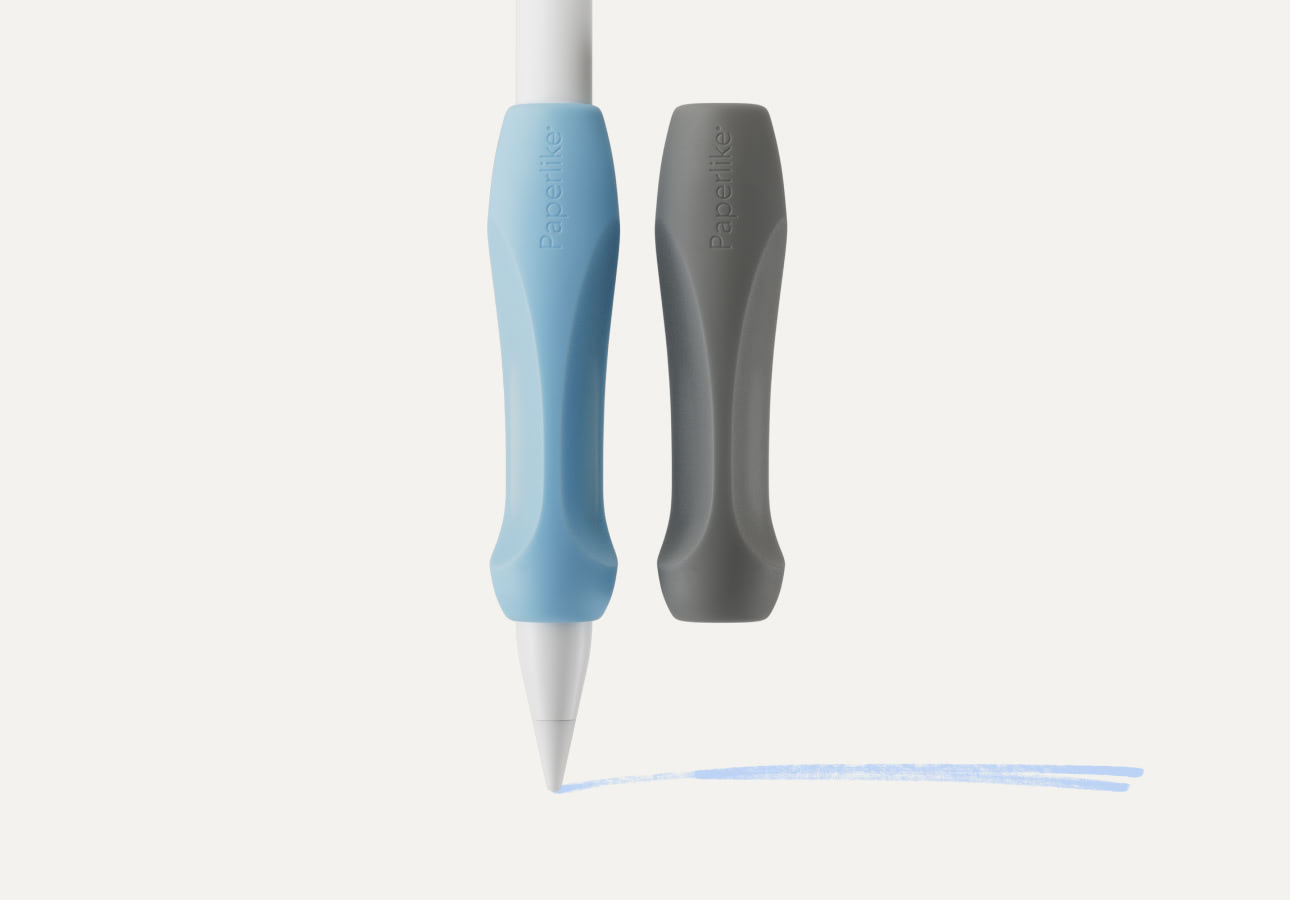 An image depicting Paperlike’s Pencil Grips (2nd generation) in Charcoal and Paperlike Blue.