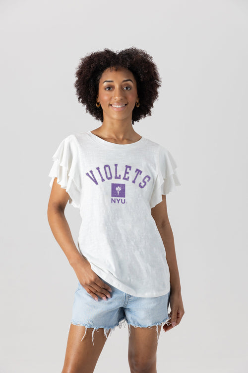 NEW YORK UNIVERSITY VIOLETS All In To Win Flutter Crewneck Top