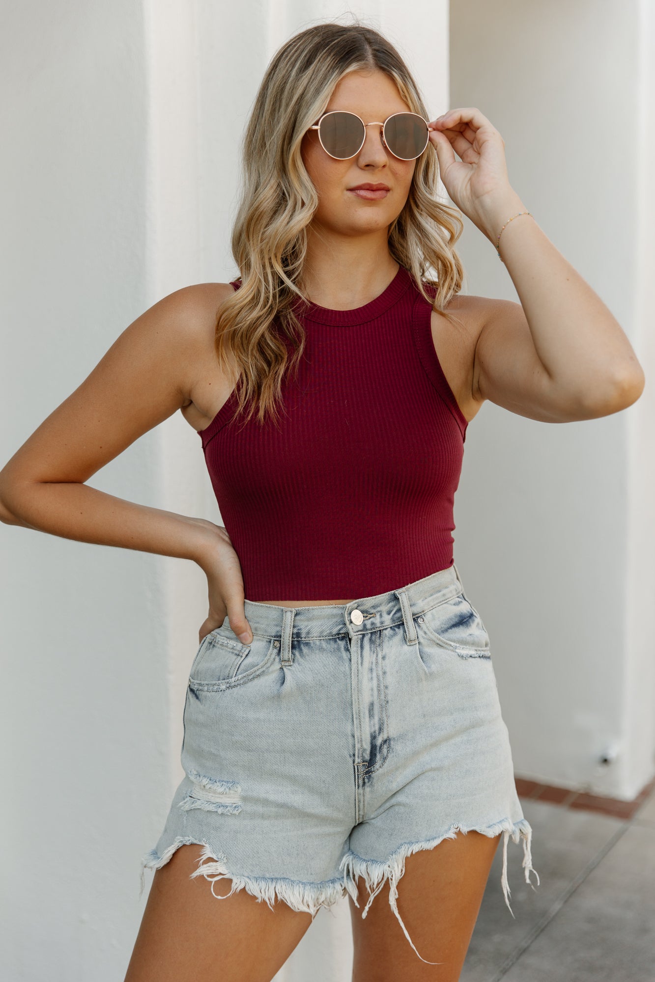 COOL AND CLASSIC CROPPED RIB KNIT TANK IN WINE – Gameday Couture